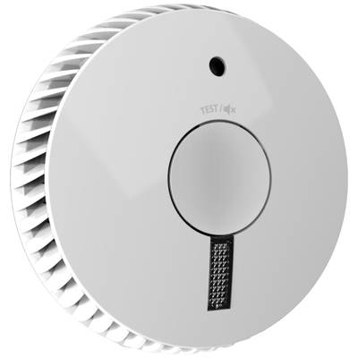 Een ronde rookmelder met een centrale knop en ventilatiesleuven aan de zijkant. Bovenaan is een kleine controlelamp zichtbaar.