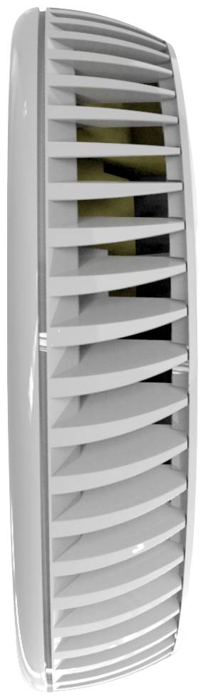 Een witte, ovale luidspreker met verticale lamellen; zijaanzicht.
