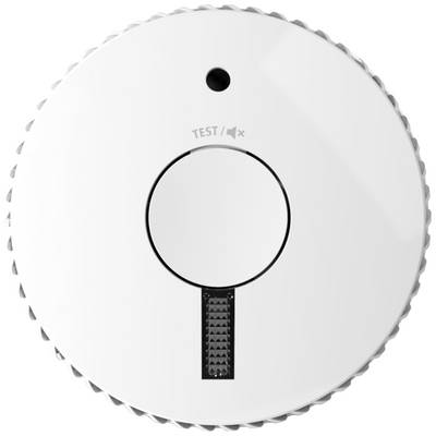 Rookmelder met centrale knop en test-/stille-functie, geschikt voor wand- of plafondmontage in binnenruimtes.