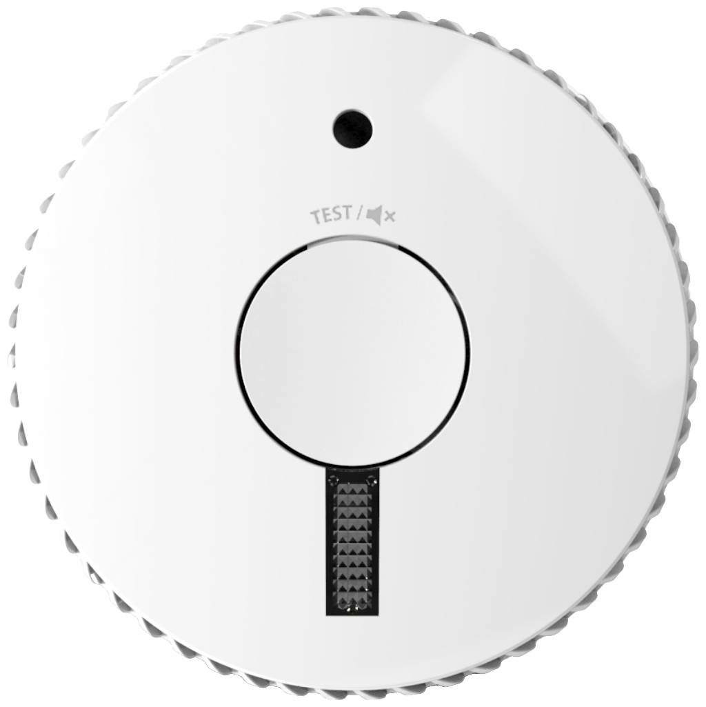 Rookmelder met grote centrale knop, test-/stilstandfunctie en een indicator bovenaan.