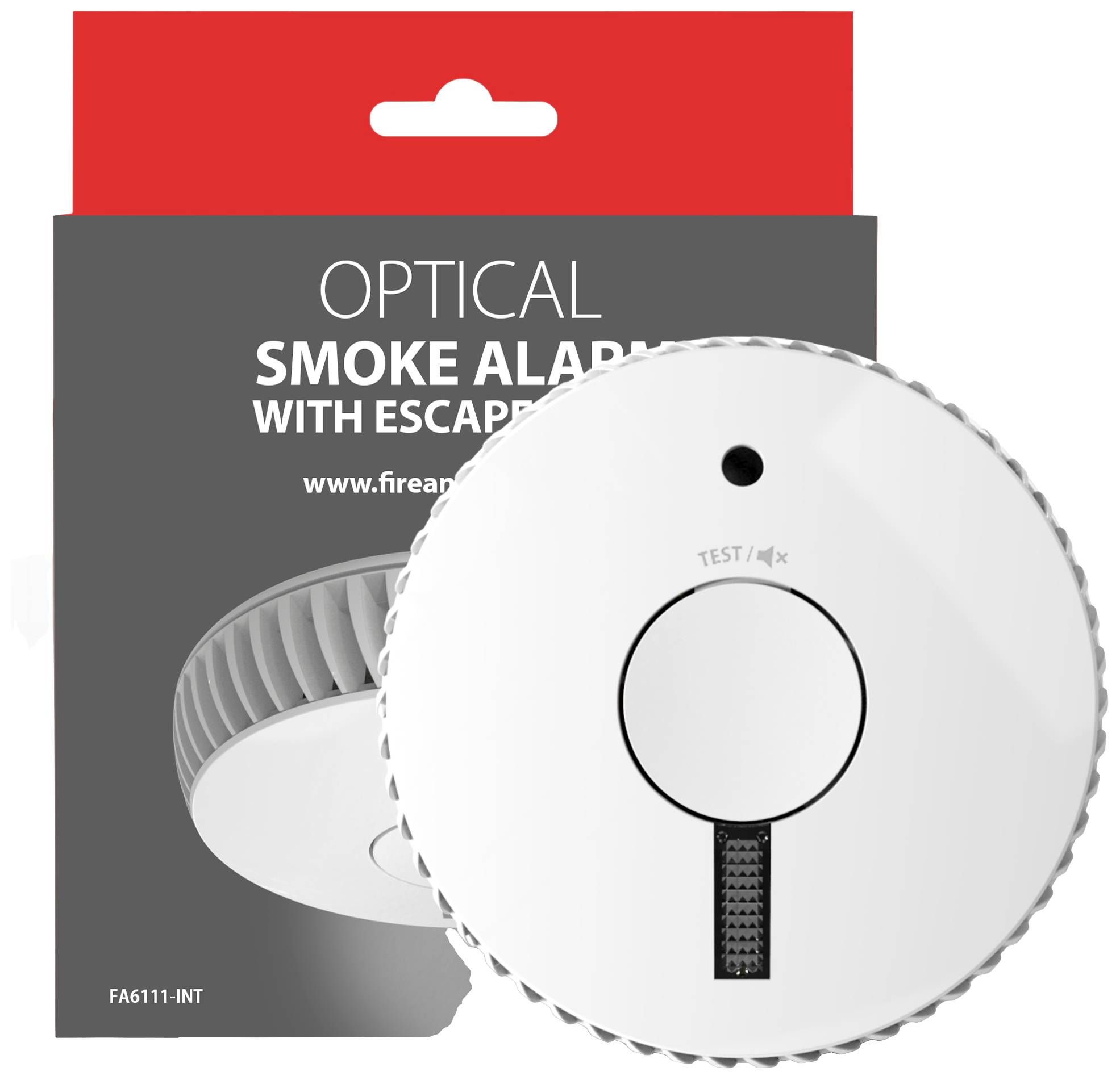 Optische rookmelder naast zijn verpakking, die dezelfde aanwijzing bevat.