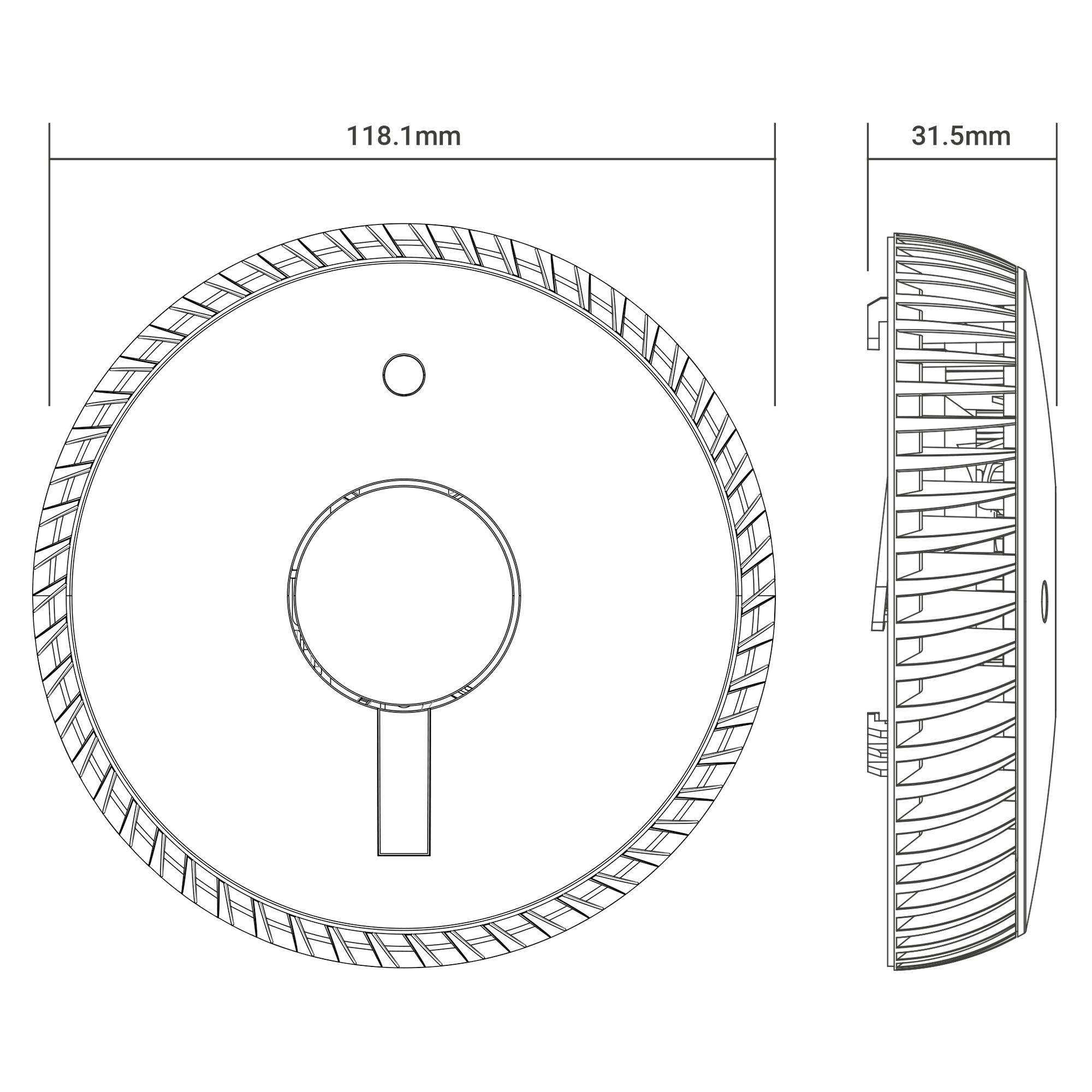 Technische tekening van een rond apparaat met een centrale knop en afmetingen: diameter 118,1 mm, diepte 31,5 mm. Zijaanzicht toont ventilatiesleuven.