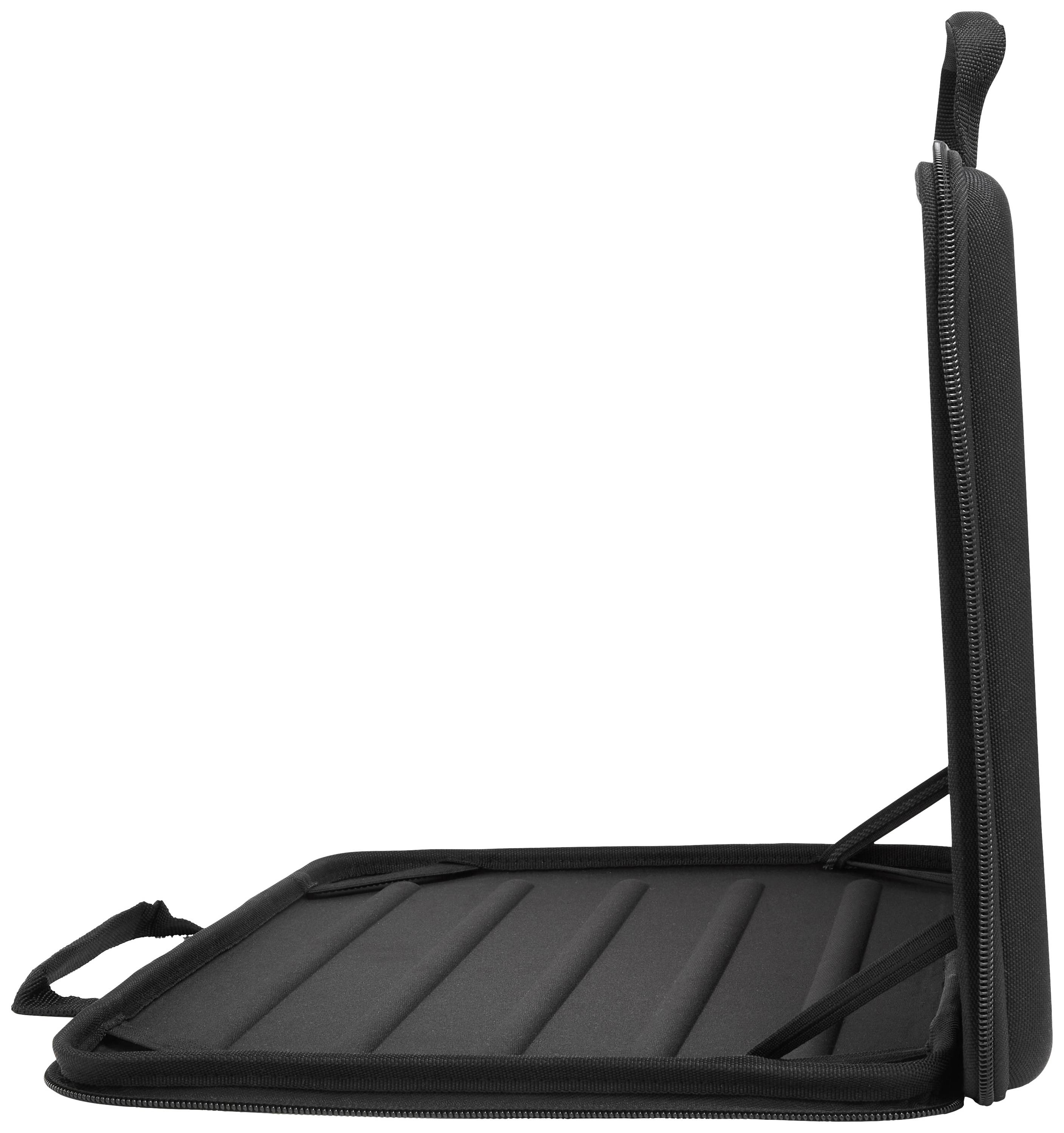 Een zwarte beschermhoes, geopend, onthult een gewatteerde binnenkant en een rits. Geschikt voor laptops of tablets.