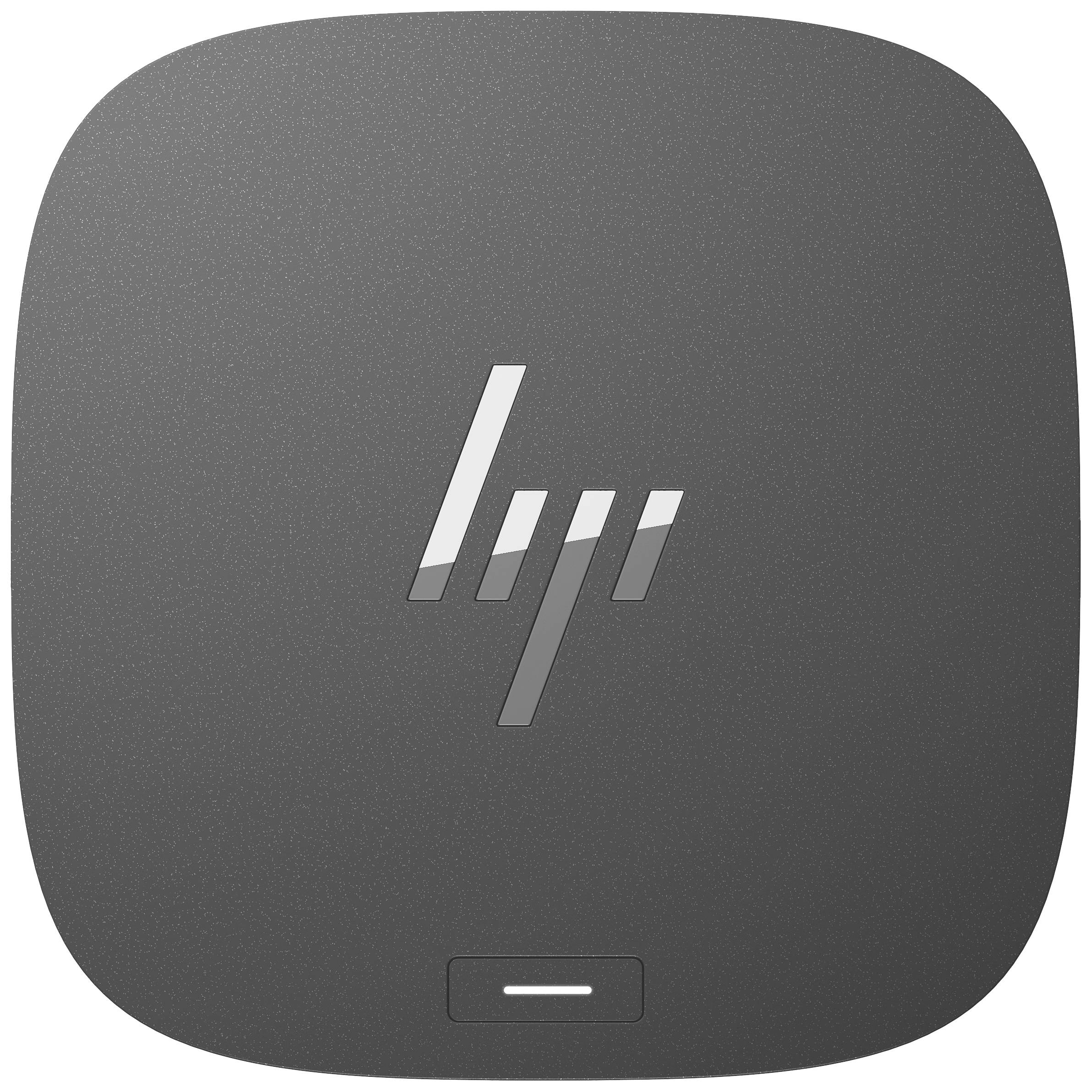 Een zwart, vierkant HP-apparaat met afgeronde hoeken en het HP-logo in het midden.