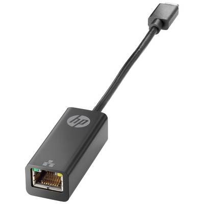 'Een zwarte HP-netwerkkabeladapter van USB naar Ethernet, toont het merkenlogo en aansluitgebieden aan beide uiteinden.'