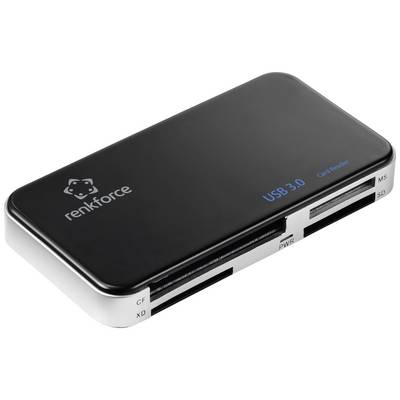 Een zwarte USB 3.0-kaartlezer van Renkforce met meerdere sleuven voor verschillende kaartformaten zoals CF, SD en meer.