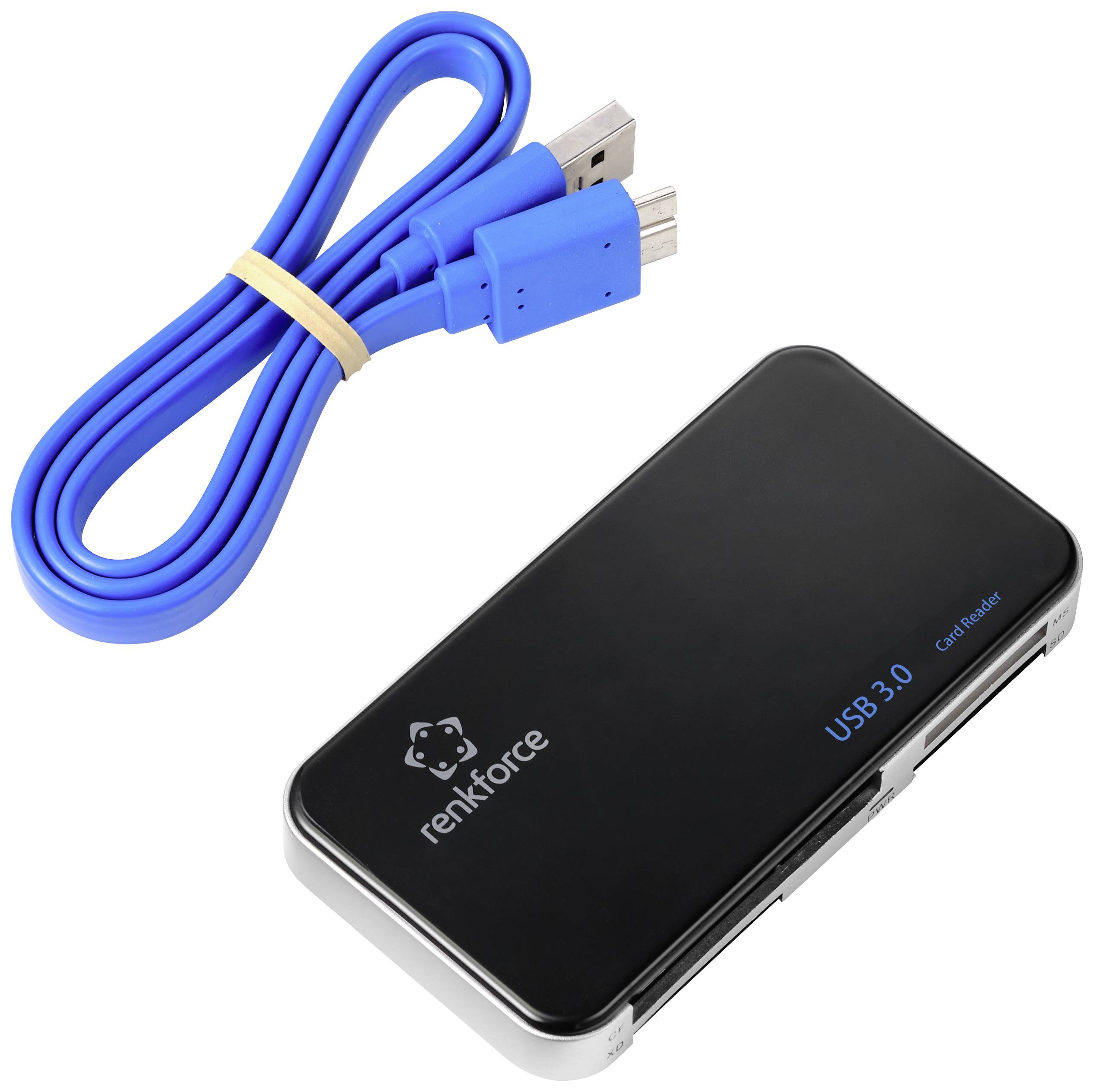 Extern harddiskbehuizing van renkforce voor USB 3.0, afgebeeld met een blauw USB-kabel, geschikt voor aansluiting op computers.