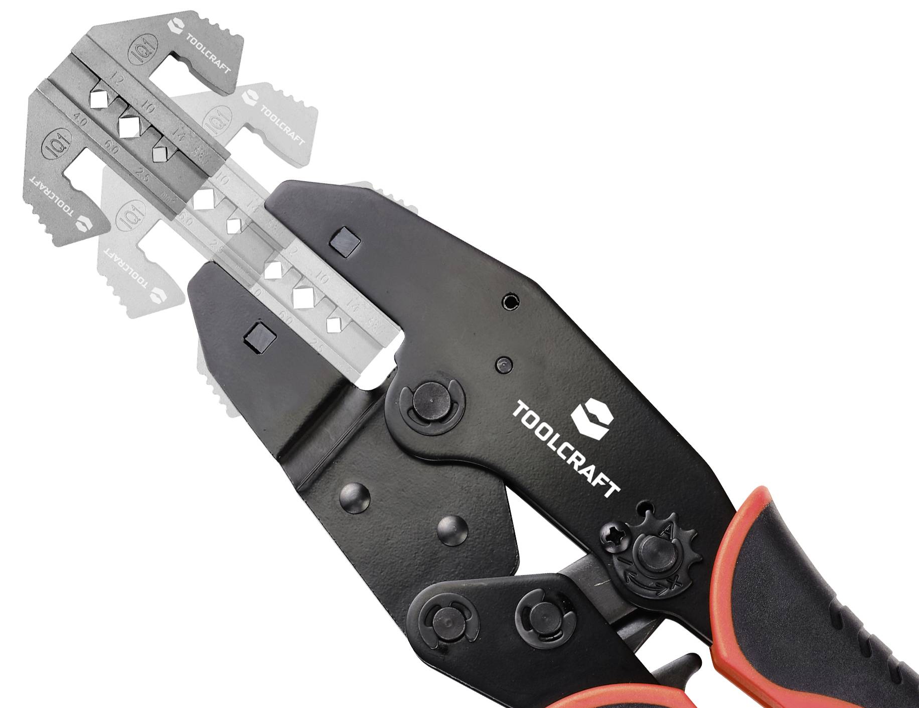 Tang met rode handgreep; geschikt voor het knippen en strippen van kabels. Merknaam 'TOOLCRAFT' zichtbaar op de snijkant.