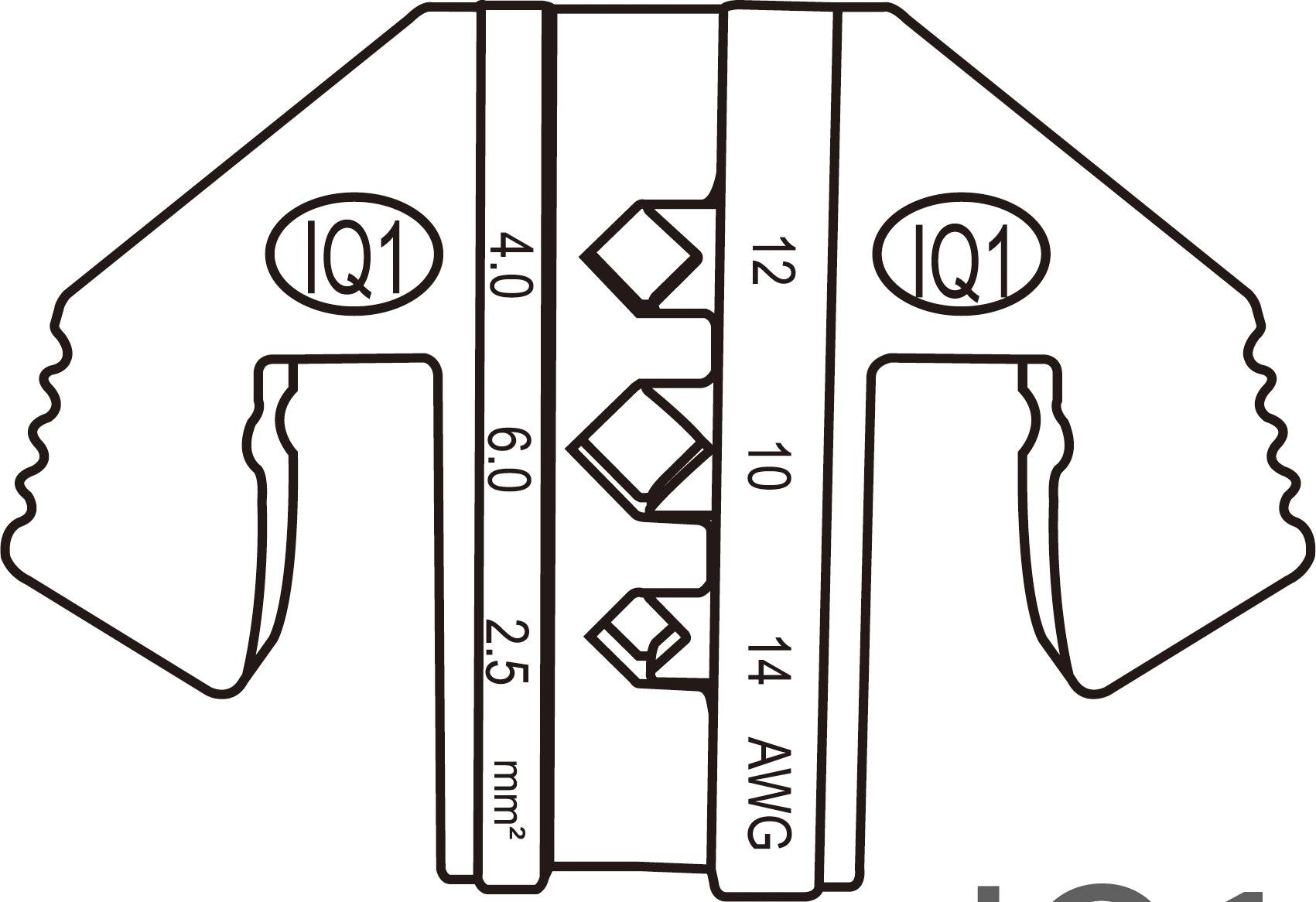 Een schakelplaatsteken toont een elektrische component met twee aansluitvlakken, gemarkeerd als 'IQ1', met draaddiktes in mm² en AWG.