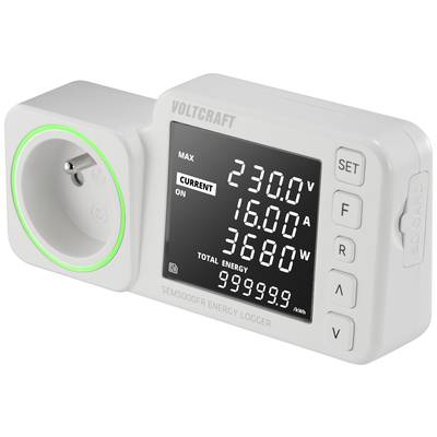 Energiemeter stopcontact met display toont 'Max 230,0V, Stroom 16,0A, 3680W, Totale energie 999999,9kWh'. Toetsen F, R, SET.<br><br>Note: I used a comma for decimal points as is standard in Dutch, and translated the terms to make them sound natural in Dutch.