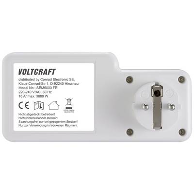 Een Voltcraft apparaat voor het meten van stroomverbruik. Opschrift met modelnummer SEM5000 FR en technische gegevens.