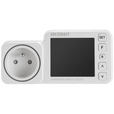 'Voltcraft SEM5000FR Energy Logger' stopcontact en scherm; knoppen voor instellingen en navigatie aan de rechterkant.
