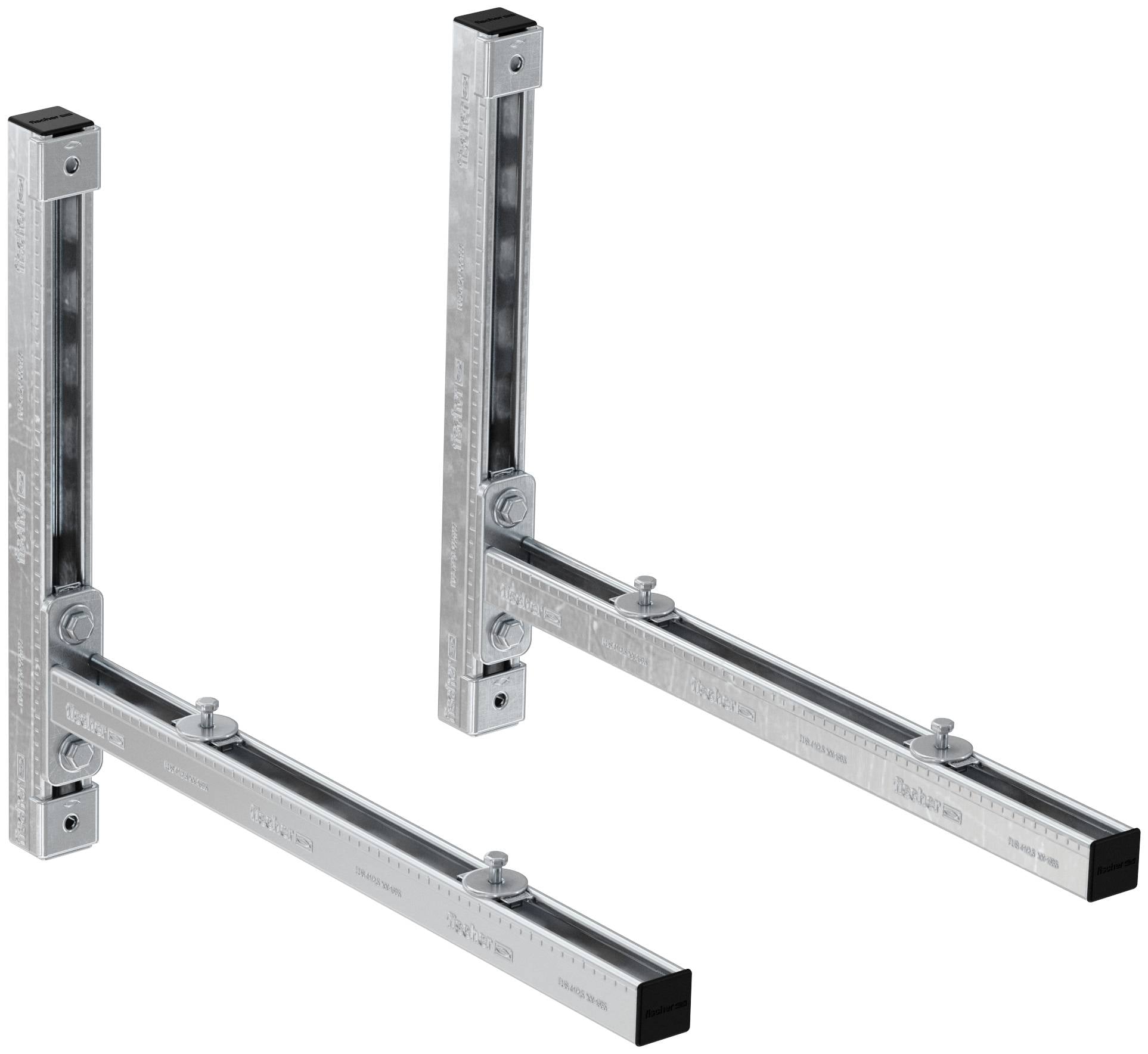 Twee gegalvaniseerde metalen verstelbare steunbeugels met lange scharnierbare armen, weergegeven in geopende posities op een witte achtergrond.
