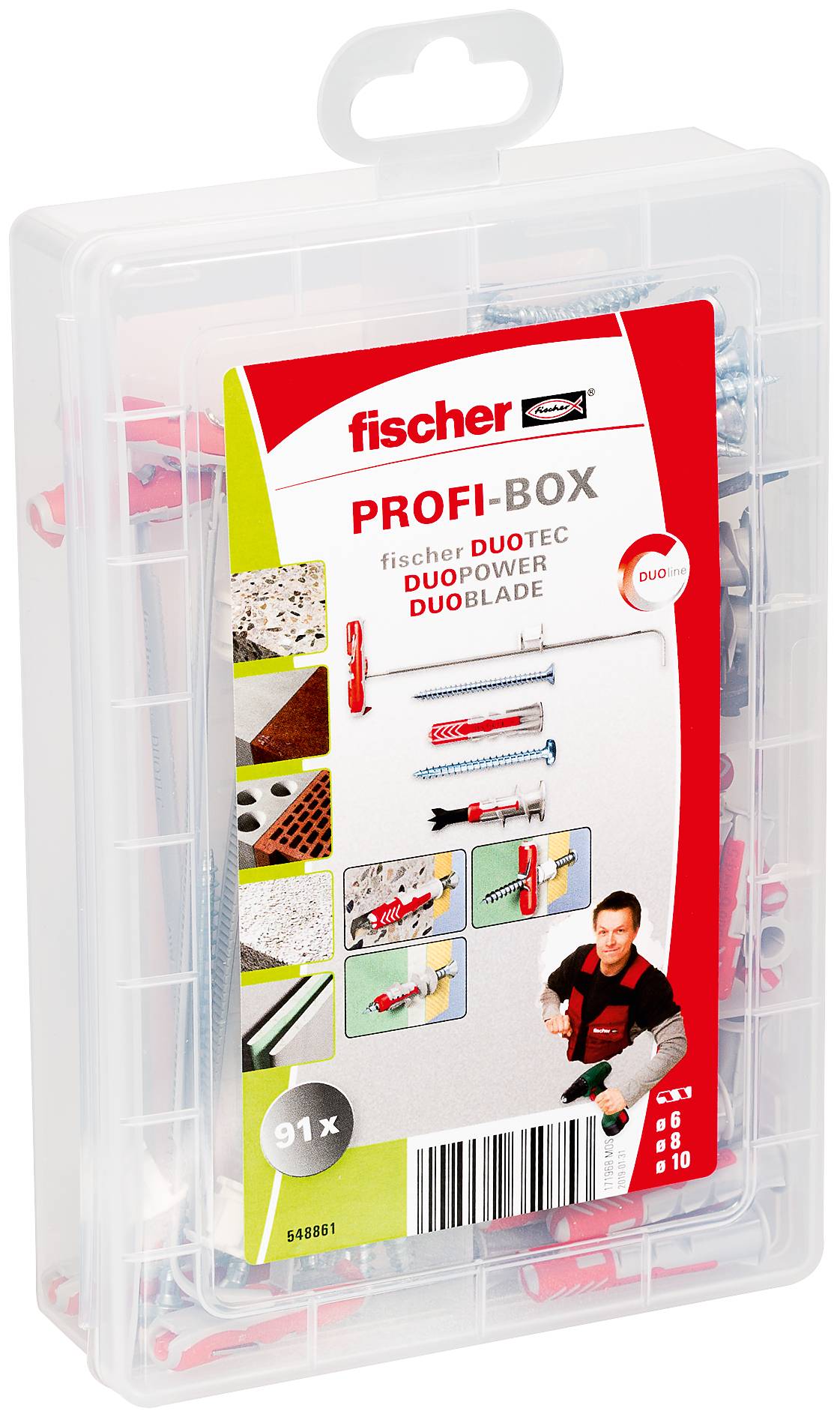 Kunststofkassette van Fischer PROFI-BOX DuoPower wandankers en schroeven, met gelabeld inzetje waarop producttypen en een werksillustratie worden getoond.