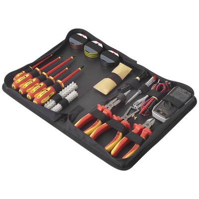 Een geopende gereedschapsset met schroevendraaiers, isolatietape, tangen, een multimeter en draadklemmen, alles netjes gerangschikt.