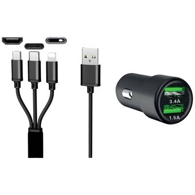 Drievoudige oplaadkabel met USB-A, USB-C, Micro-USB, Lightning-aansluitingen en een autolader met twee USB-poorten (3,4A en 1,5A).