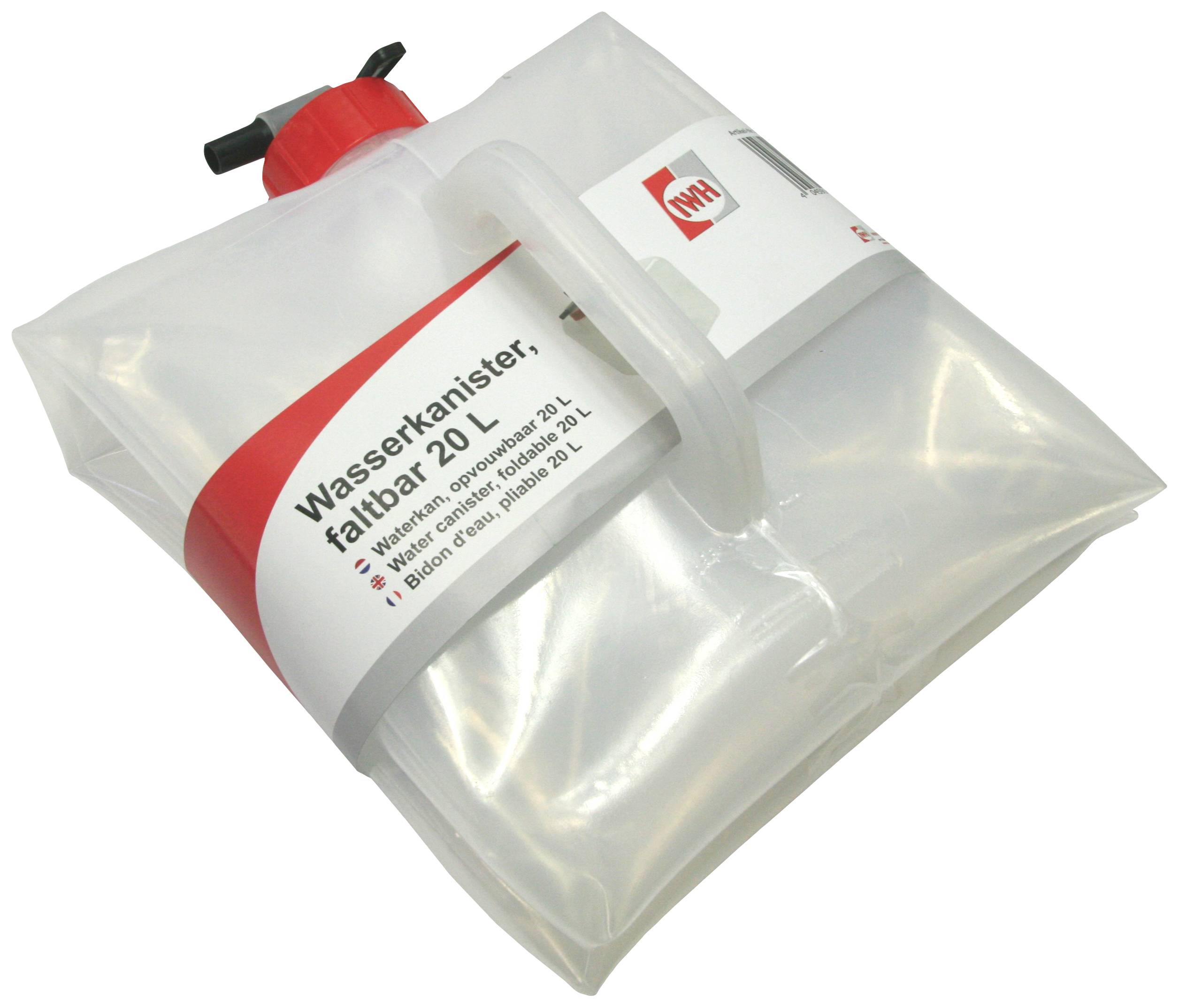 Opvouwbare waterjerrycan, 20 liter, met rode dop en handgreep. Ideaal voor kamperen of noodwateropslag.