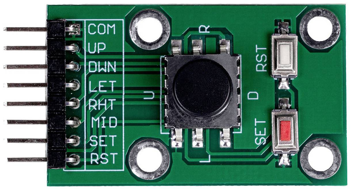 Een groene elektronische module met meerdere pinnen links, een centrale toets en twee rechthoekige knoppen rechts, gemarkeerd met 'SET' en 'RST'.