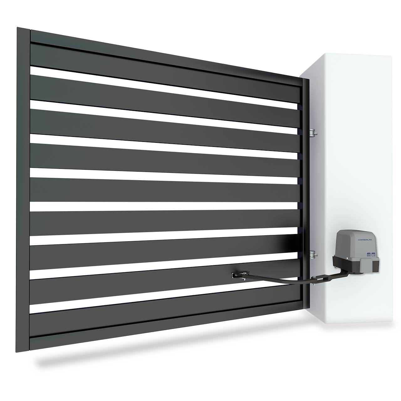 Tuinpoort met horizontale metalen spijlen, die zich automatisch opent. Een mechanisme aan een muur bestuurt de beweging.