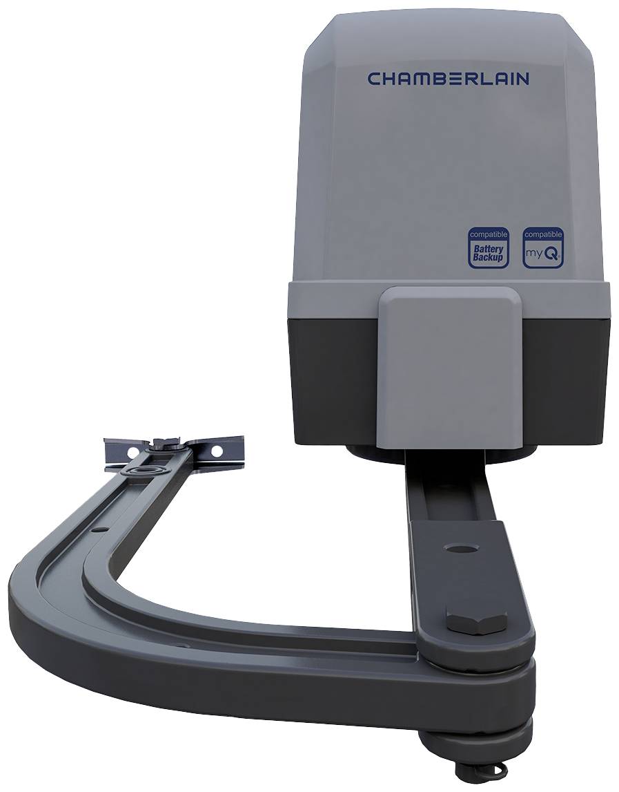 Elektrische garagedeuropener van Chamberlain met gebogen arm en bevestigingsbeugel.