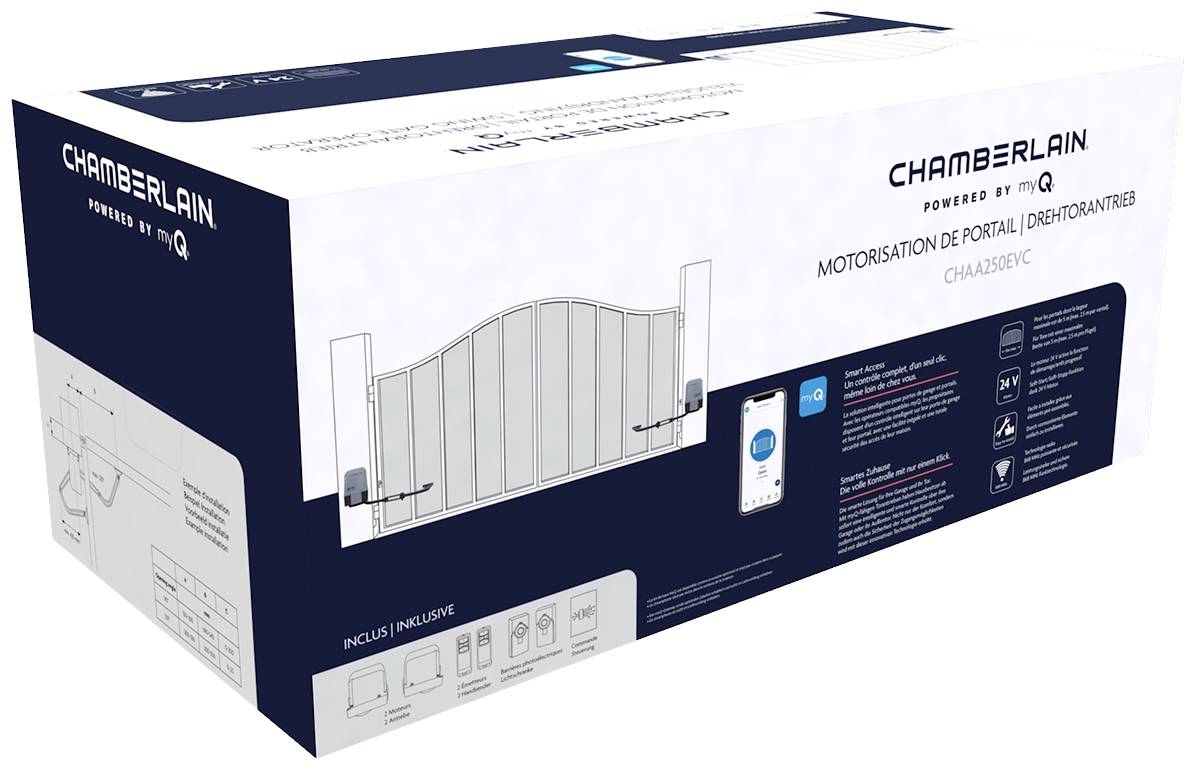 Verpakking van een automatische poortbesturing van het merk Chamberlain met afbeeldingen van het product en een smartphone op de voorkant.