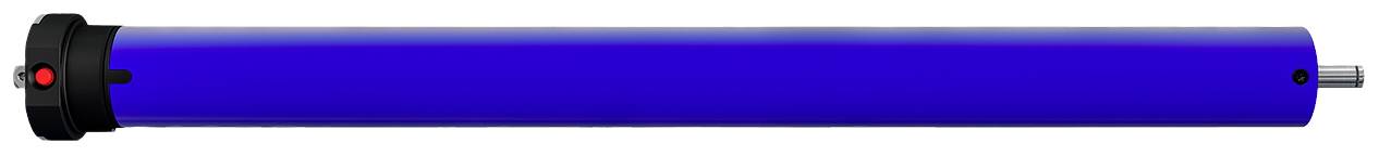 Blauwe hydraulische cilinder met een zwarte kop en zilveren zuigerstang.
