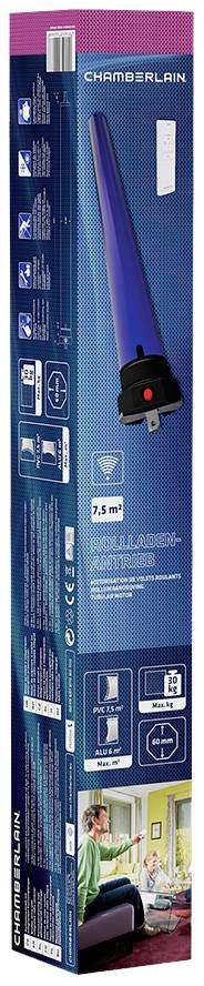 Verpakking van een garagedeuropener van Chamberlain, geschikt voor 7,5m² poortoppervlak. Met installatietekeningen en gebruiksaanwijzing.