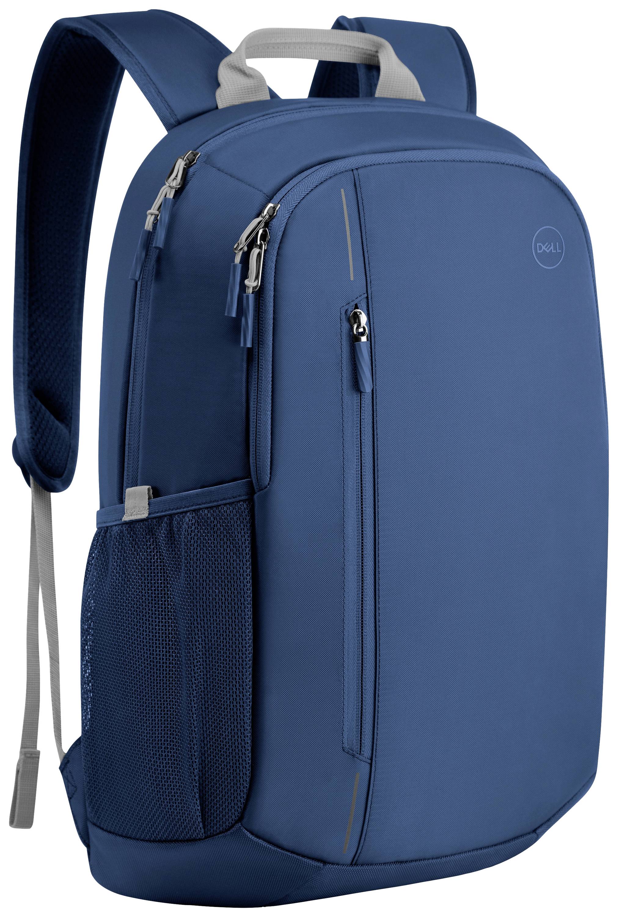 Een blauwe laptoptas van Dell met meerdere ritsvakken en een zijnet. Ideaal voor reizen en werk.