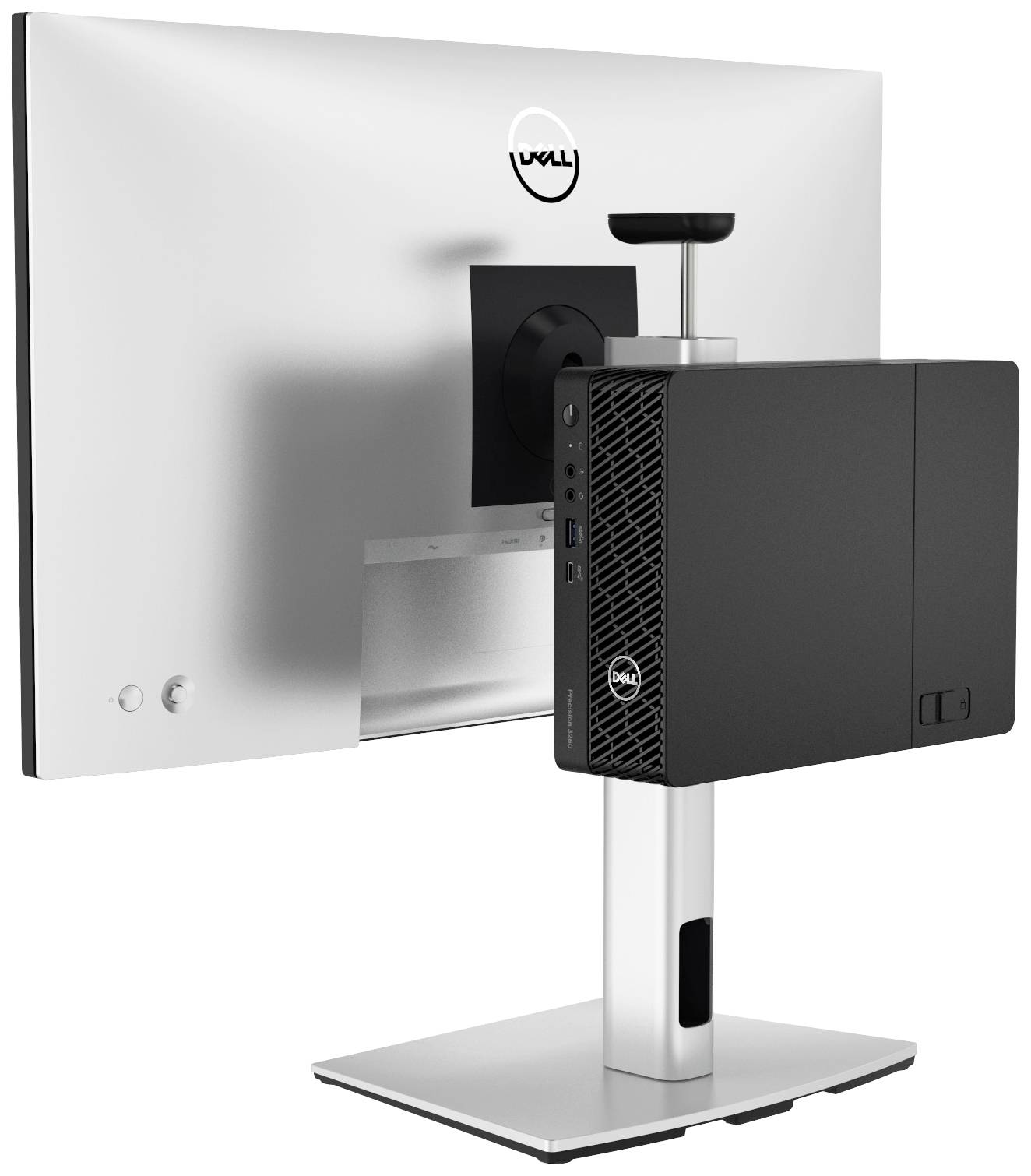 Een zwarte desktop-pc is aan de achterkant van een zilveren monitor bevestigd. Beide staan op een elegante, zilverkleurige standaard.
