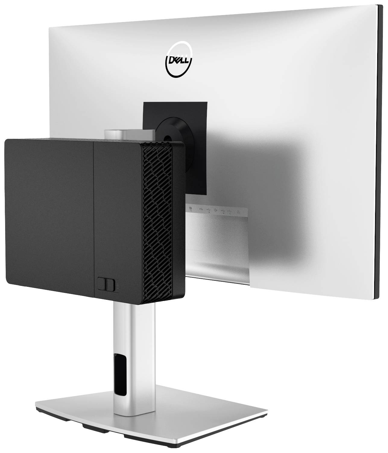 Een Dell-monitor met een kleine, rechthoekige zwarte computer die aan de achterkant is bevestigd. Moderne, ruimtebesparende technologie.