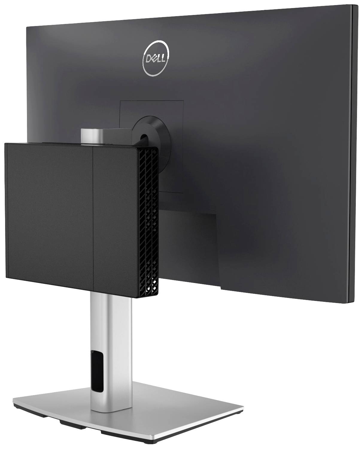 Een zwarte Dell-monitor staat op een zilveren voet. De achterkant en aansluitzone zijn zichtbaar.