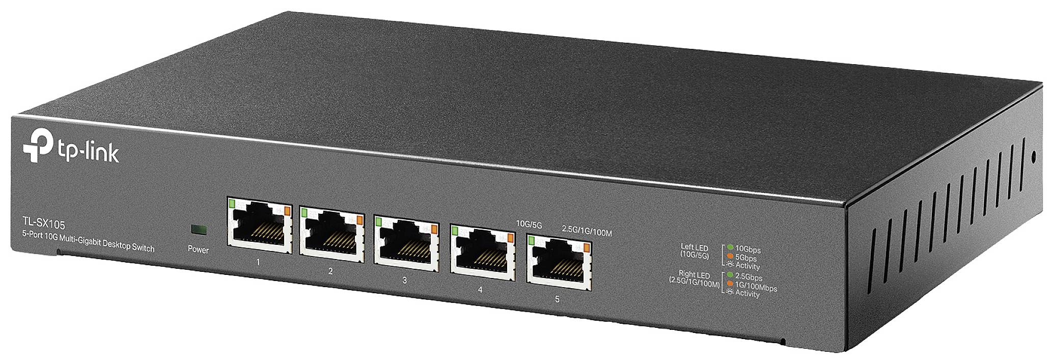 Een TP-Link-switch met acht Ethernet-poorten. Links bevinden zich statusindicatoren. Het apparaat is donkergrijs en geschikt voor netwerkverbindingen.