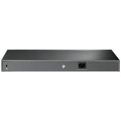 Achterzijde van een zwart elektronisch apparaat met netaansluiting en schroefgat, waarschijnlijk een netwerk-switch of router.