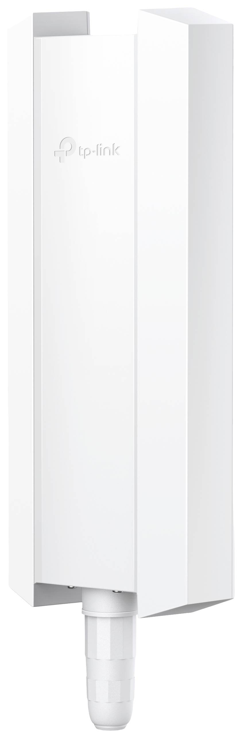 Een witte TP-Link outdoor WiFi-access point met verticale behuizing en antenne. Ideaal voor buitengebruik ter uitbreiding van het WiFi-netwerk.
