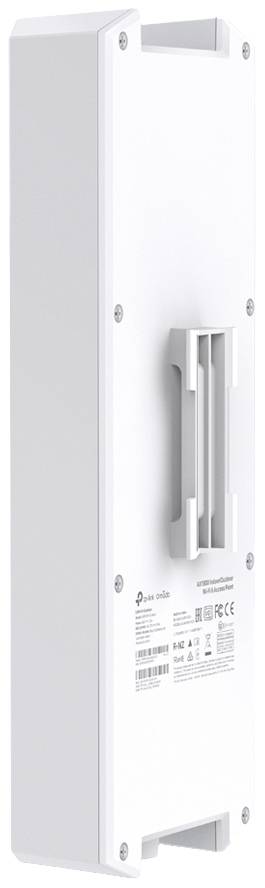 Witte, rechthoekige outdoor-routers met bevestigingsbeugels aan de achterkant, geschikt voor wandmontage. Bevat technische specificaties.