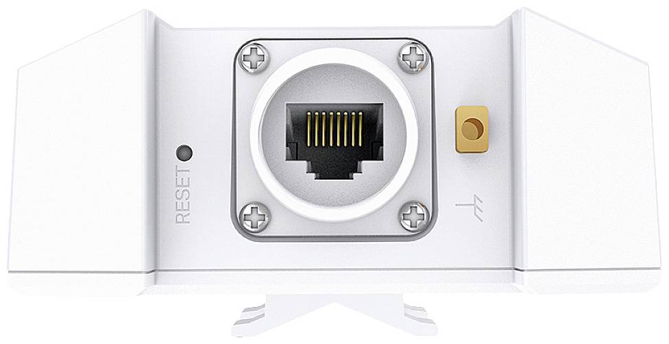 Het fragment toont de achterkant van een apparaat met een Ethernet-aansluiting in het midden, een resetknop links en een gele knop rechts.