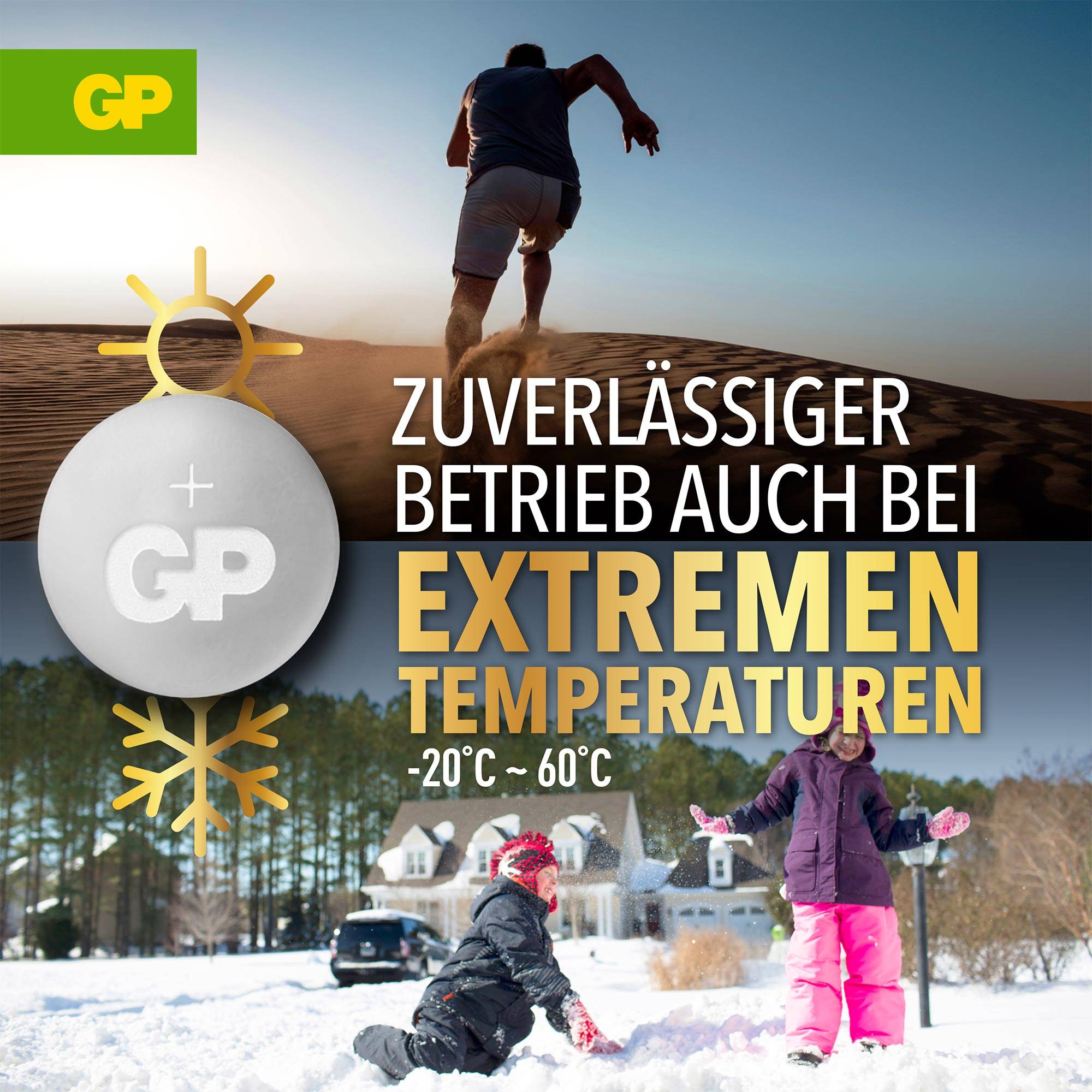 Reclamegrafiek voor GP-batterijen: 'Behoudt de energie tot 10 jaar opslag*', weergegeven met batterij en slotsymbool; opmerking: 'Koel en droog opslaan'.
