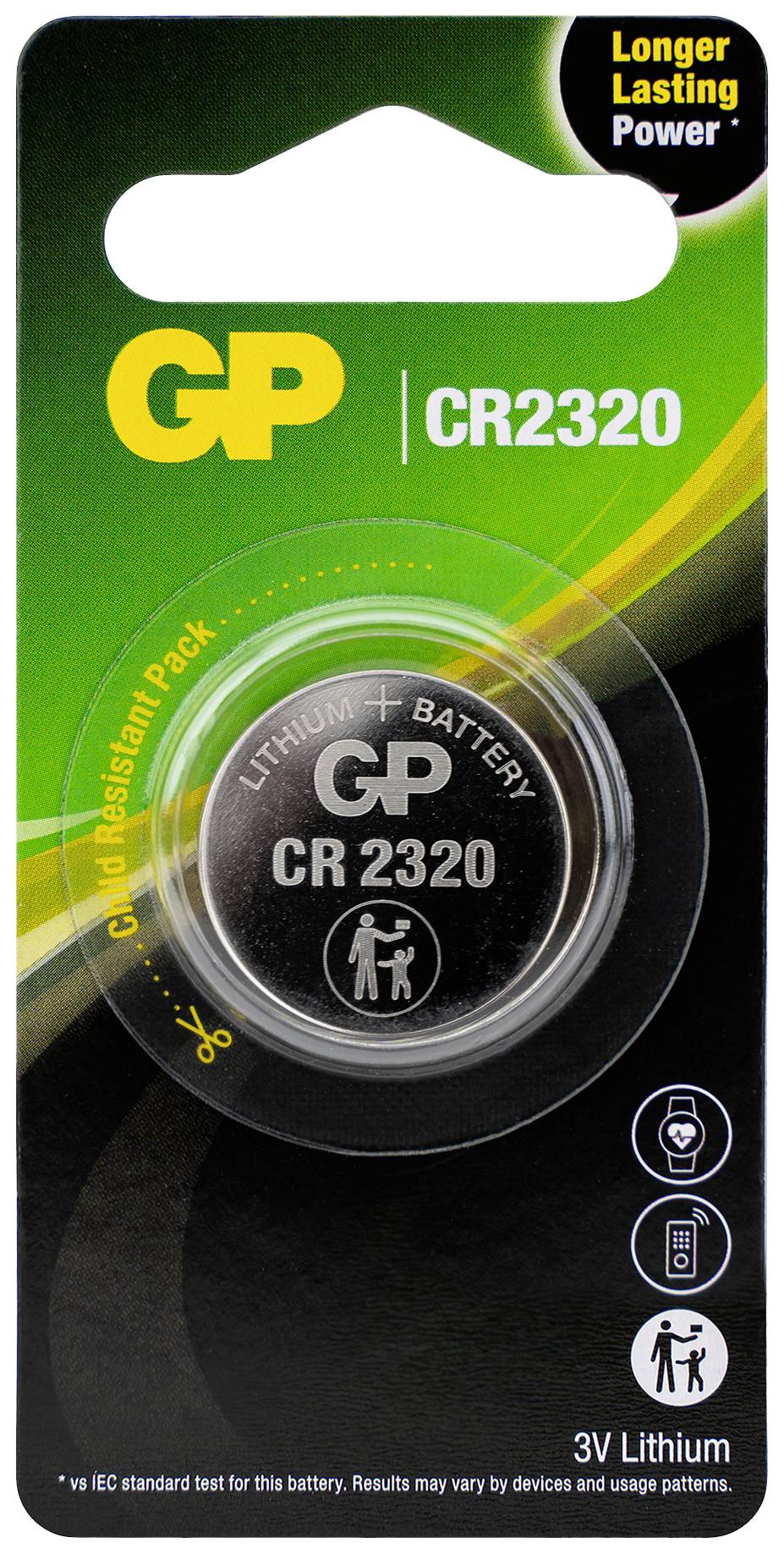 Verpakking van een GP CR2320 3V lithium-knoopcell in blisterpackage, met opdruk 'Longer Lasting Power' en 'Gold Resilient Pack'.