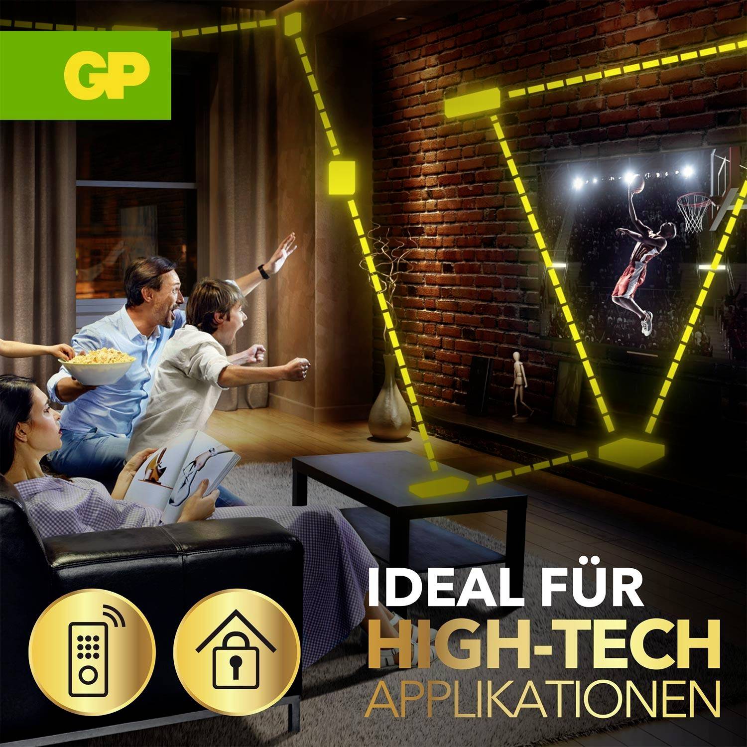 Familie kijkt enthousiast naar een basketbalwedstrijd op een groot scherm; reclamtekst: 'IDEAAL VOOR HIGH-TECH TOEPASSINGEN'.