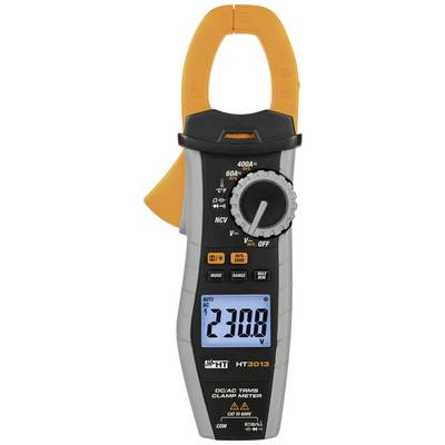 Stroomtang HT3013 met digitaal display toont 230,8 V, met functietoetsen voor spanningsmetingen, stroombereik en modus.