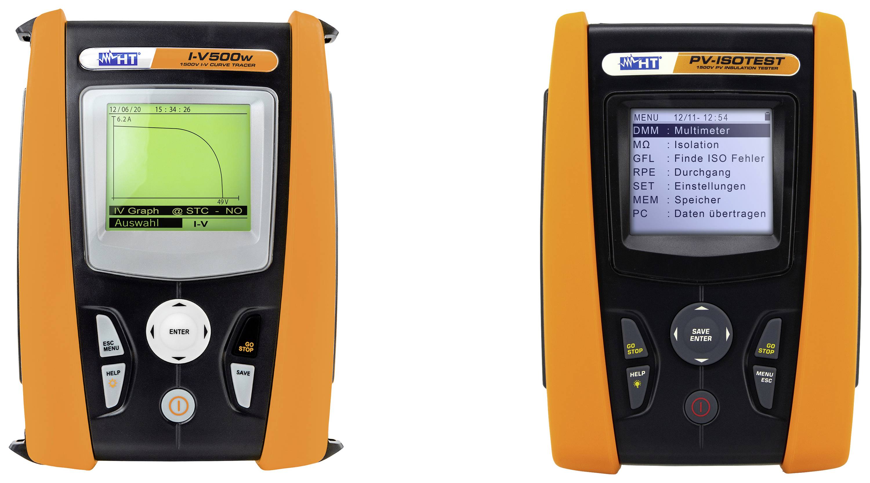 Twee draagbare testapparaten met oranje accenten; links met IV-curve op het display; rechts een apparaat met menuopties op het scherm.