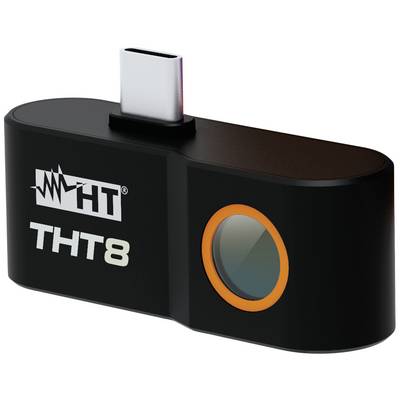 Een klein zwart apparaat met een USB-C-aansluiting en een lens, waarschijnlijk een sensor of camerabijlage. Het is gemarkeerd met 'HT THT8'.