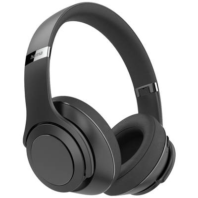 Zwarte over-ear koptelefoon met gepolijste metalen verbindingen en zachte oorschelpen, in een modern design.