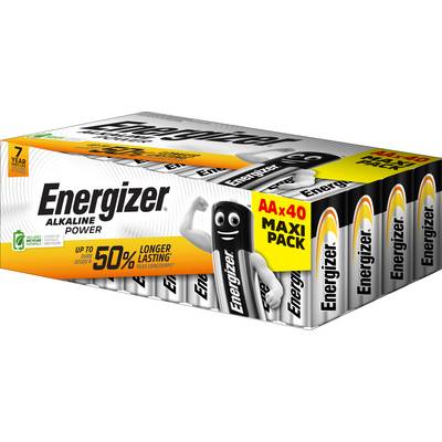 Grootverpakking Energizer AA-alkalibatterijen, 40 stuks. Belooft tot 50% langere levensduur in vergelijking met conventionele batterijen.