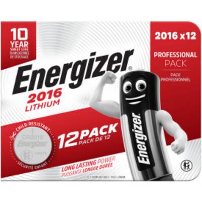'Energizer 2016 Lithium 12-pack' toont verpakking met een batterijfiguur en tekst die '10 jaar houdbaarheid' en 'Langdurige energie' benadrukt.