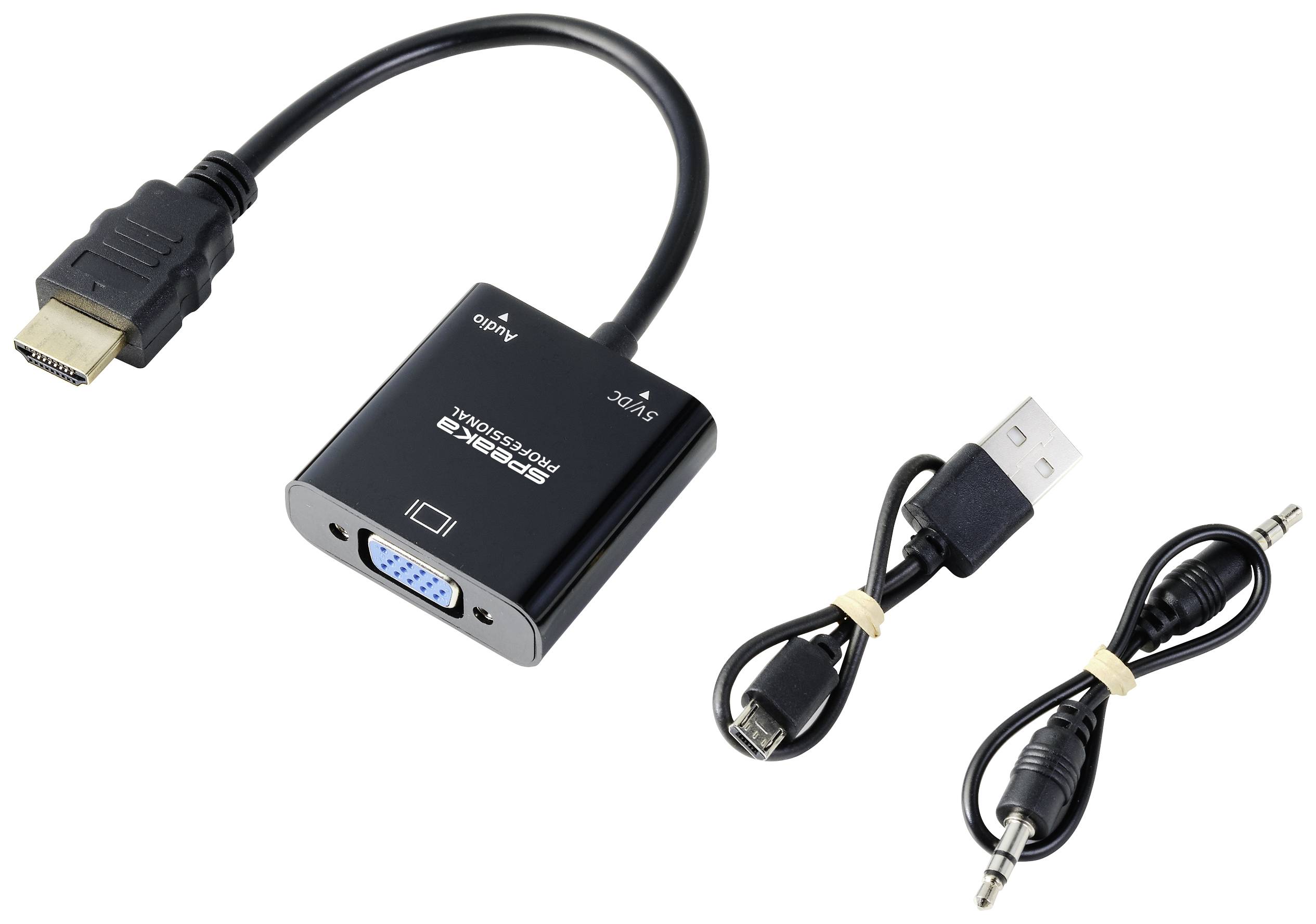 Een HDMI-naar-VGA-adapter met drie aansluitingen: HDMI, VGA en Audio. Twee meegeleverde kabels: een USB-kabel en een audiokabel.