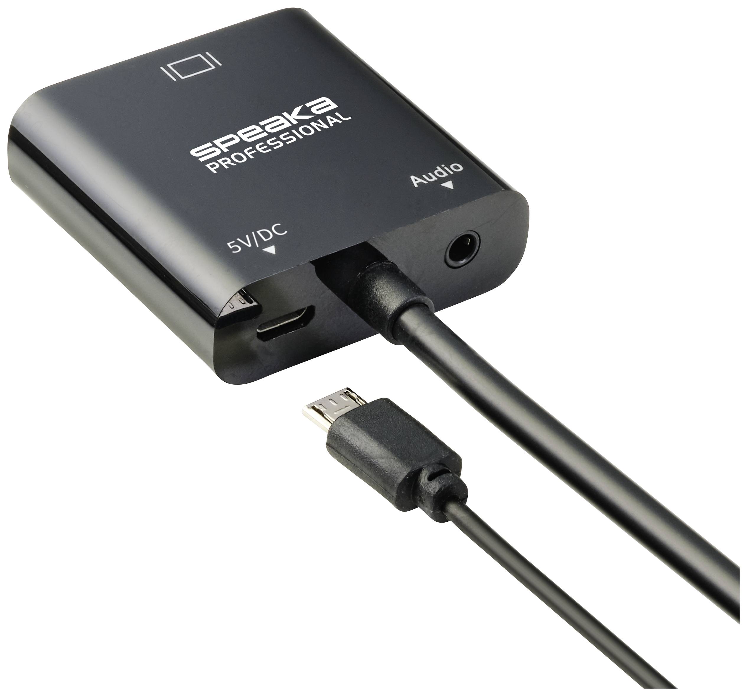 Een zwarte adapter met de opschriften 'SPEAKA PROFESSIONAL', '5V/DC' en 'Audio', met aangesloten kabel en USB-aansluiting.