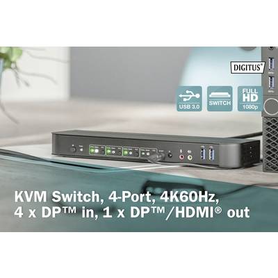 KVM-switch met 4 poorten, 4K60Hz, 4 x DP™-ingangen, 1 x DP™/HDMI®-uitgang. Ondersteunt USB 3.0. Digitus-logo rechtsboven.