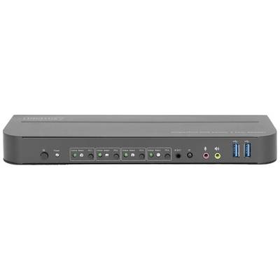 Een KVM-switch met vier invoerknoppen, aansluitpoorten voor audio en microfoon, evenals USB-aansluitingen aan de voorzijde.