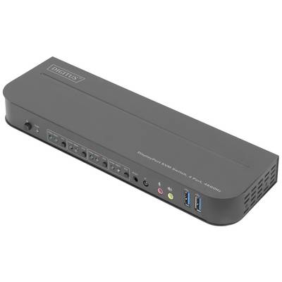 'Digitus DisplayPort KVM-switch, 4 poorten, 4K 60Hz' op zwarte behuizing. Schakelt tussen vier apparaten met een DisplayPort-aansluiting.